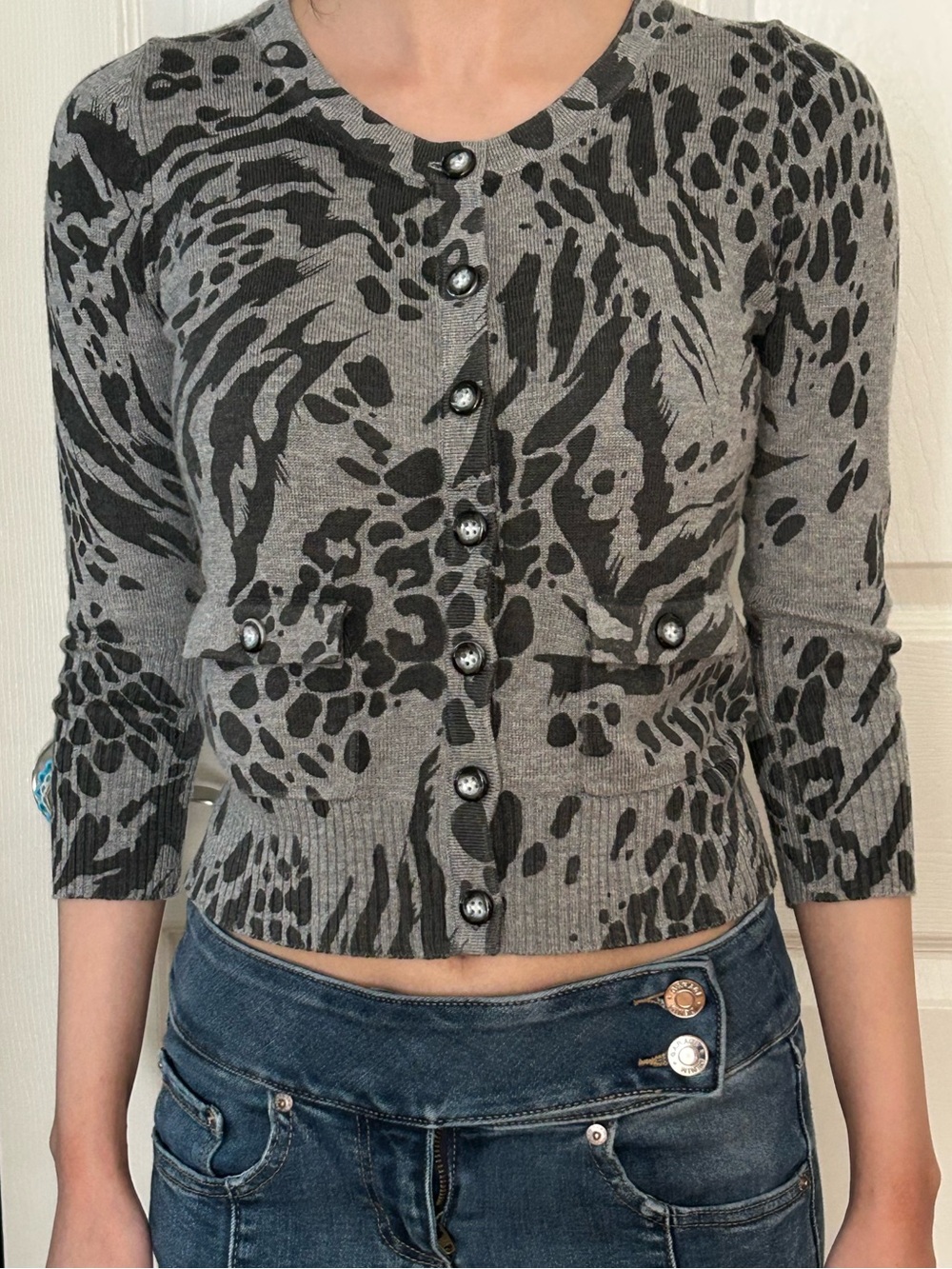 Costa Blanca Grey and Black Animal Print Cardigan Sweater